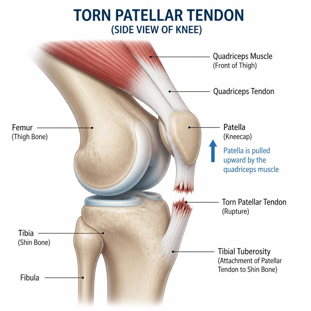 Anatomical illustration of a torn patellar tendon at the front of the knee