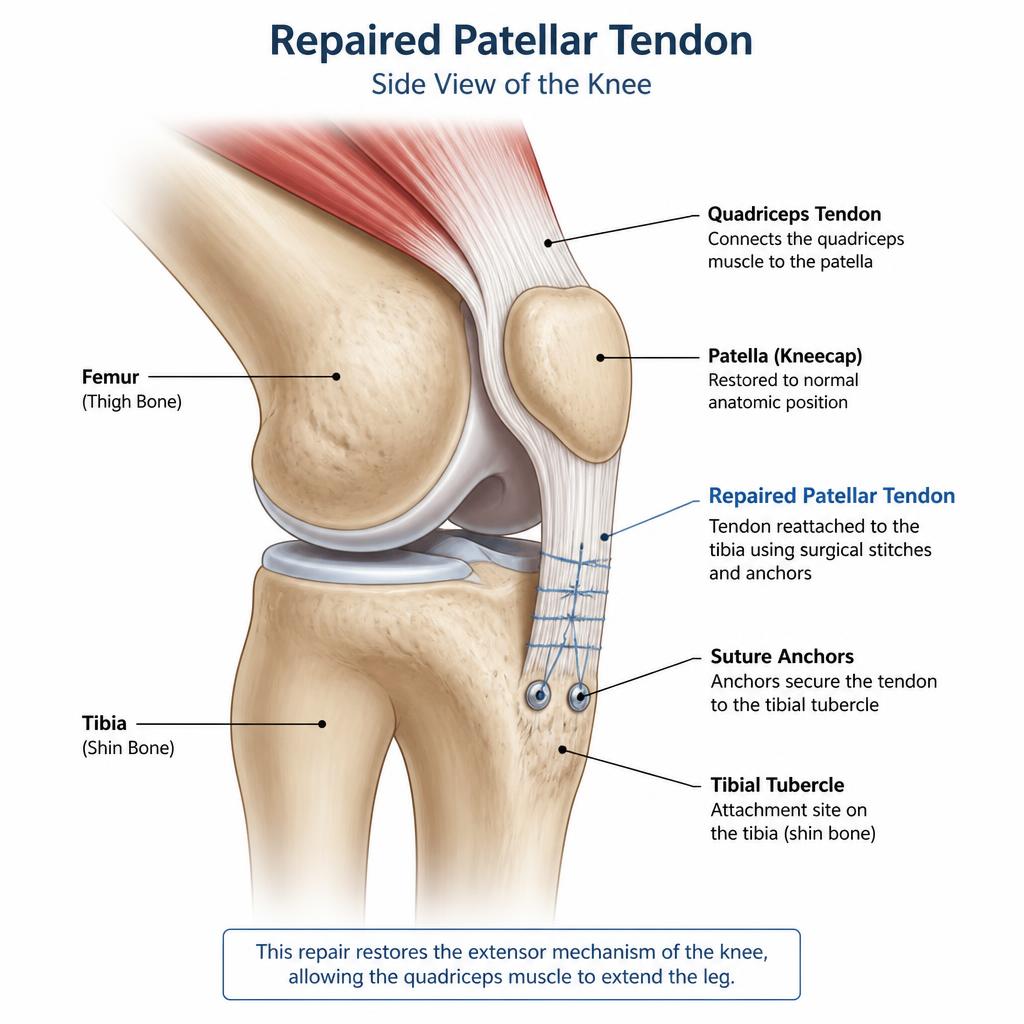 Anatomical illustration of a surgically repaired patellar tendon