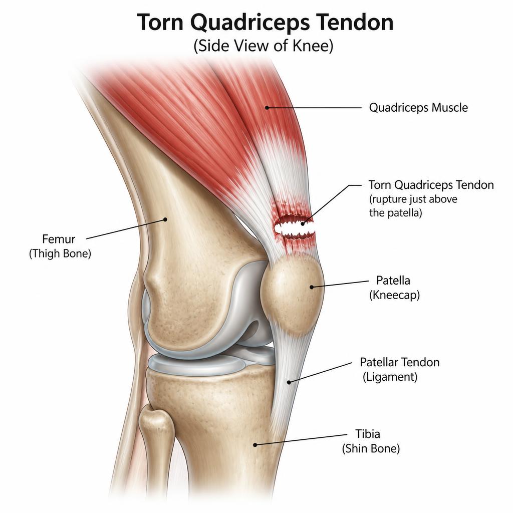Anatomical illustration of a torn quadriceps tendon above the kneecap