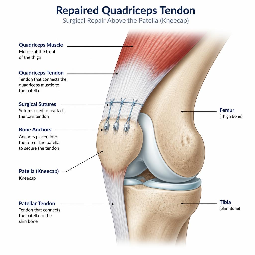 Anatomical illustration of a surgically repaired quadriceps tendon