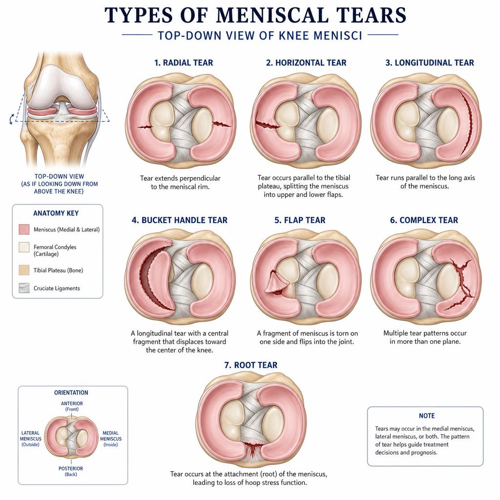 Illustration showing different types of meniscal tears: radial, horizontal, longitudinal, bucket handle, flap, complex and root tears