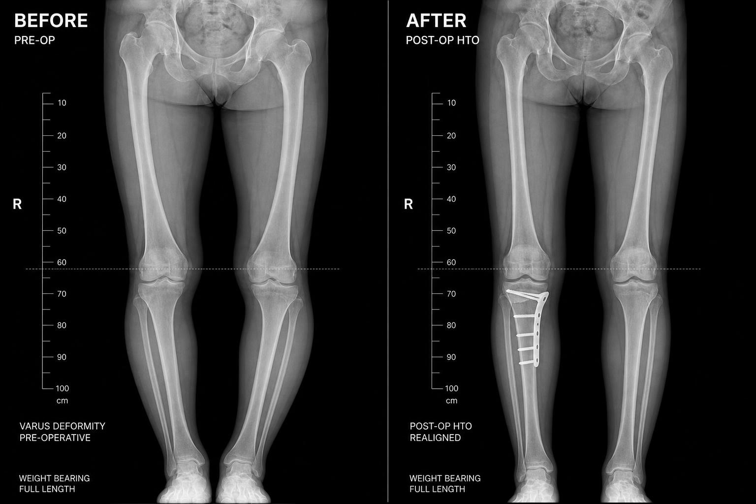 Full-length leg X-rays showing varus deformity before and realigned tibia with plate fixation after high tibial osteotomy
